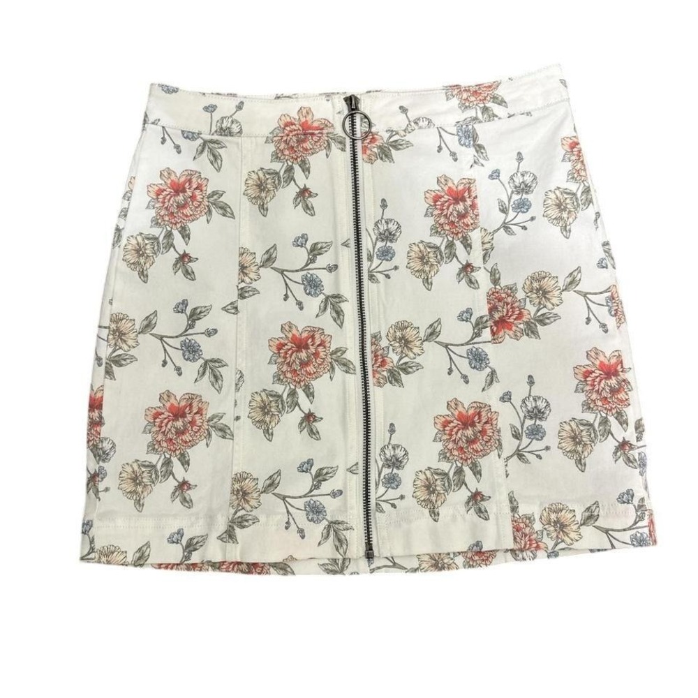 Tinseltown Floral Denim Mini Skirt White Pink O-Ring Zip Front Size‎ 5 27
